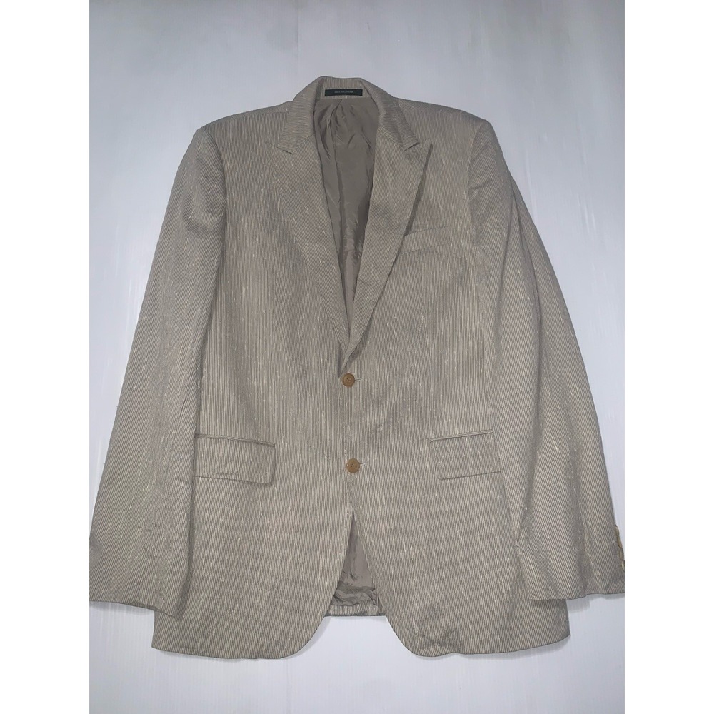 Hugo Boss Mens Sport Coat 42L Silk Cotton Queen Pinstripe Tan Grey 2 Button